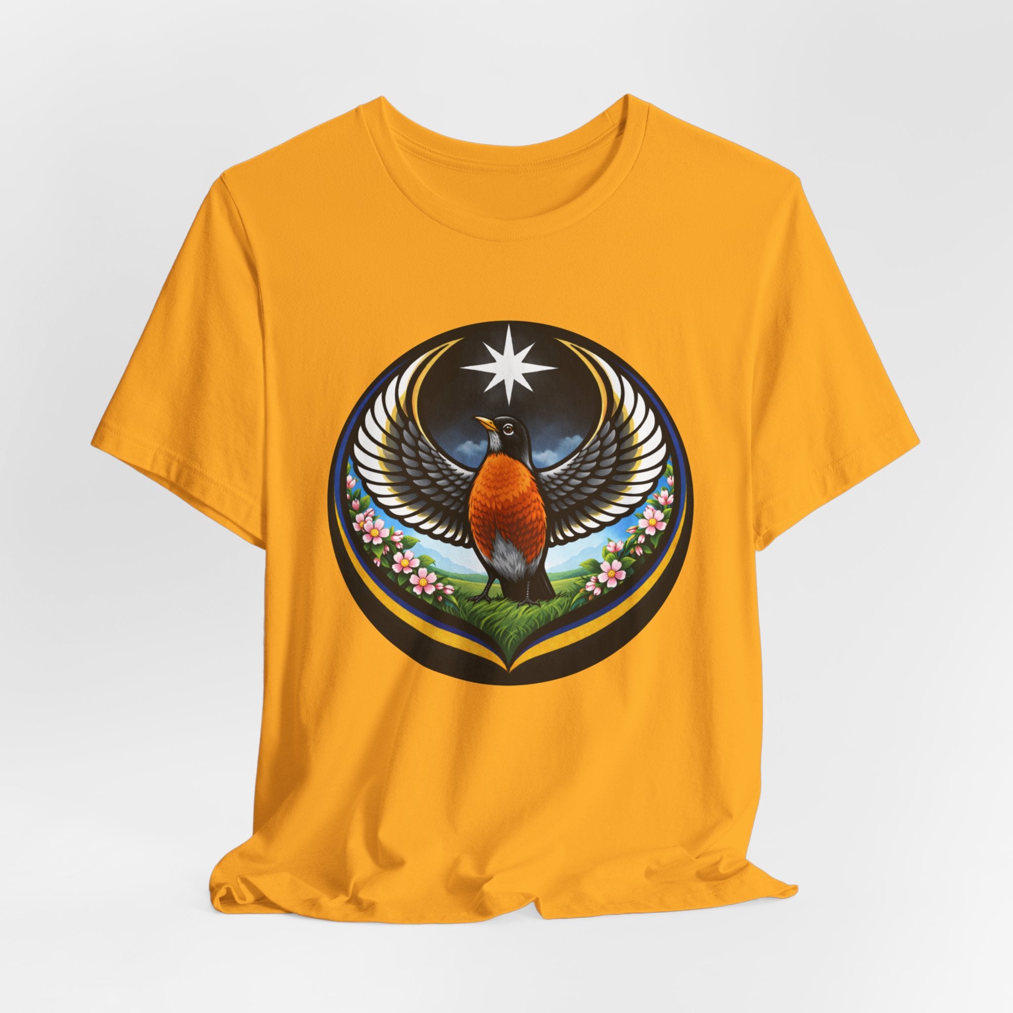 Willow Goldfinch Washington State Bird Tee — Unity & Resilience Emblem