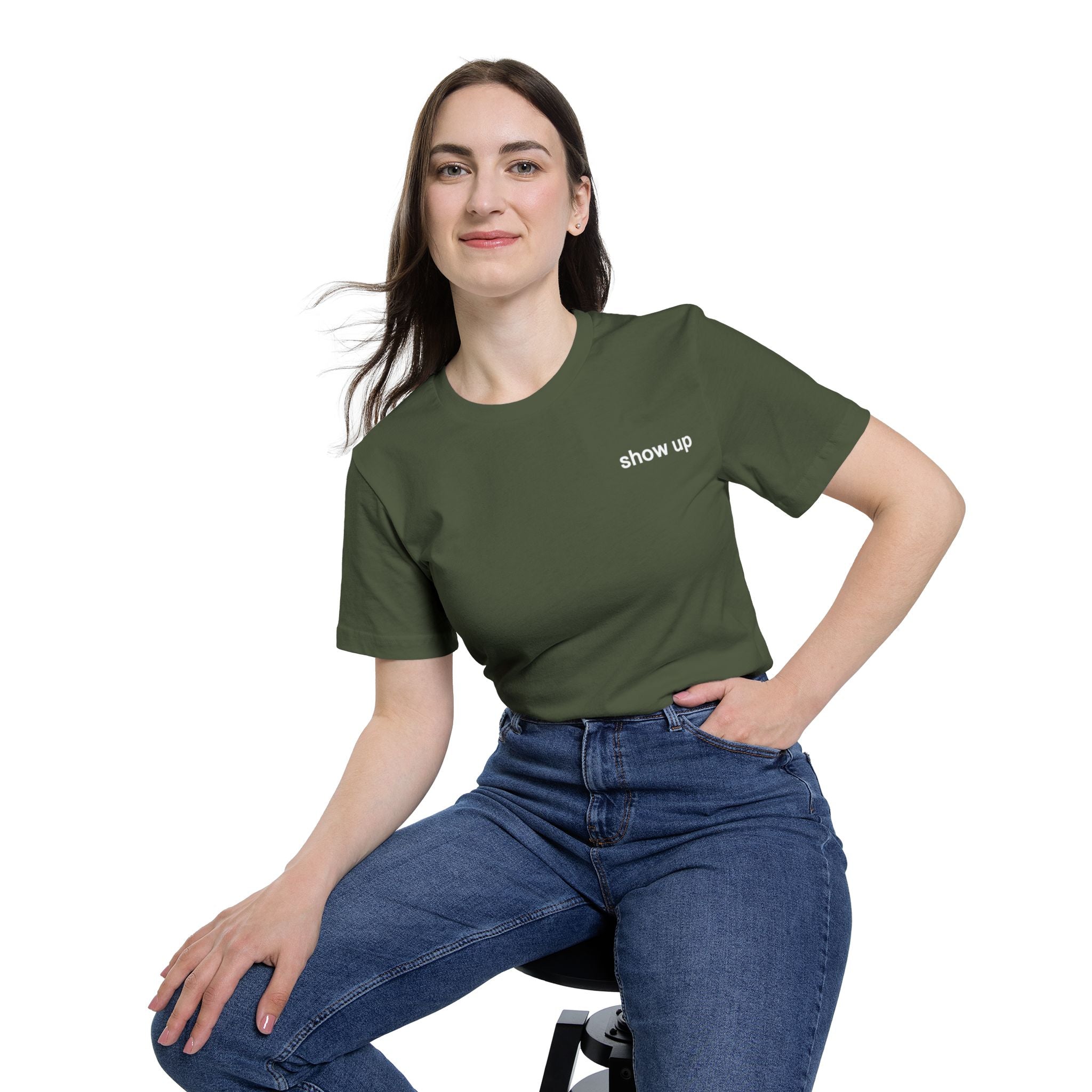 Show Up T-Shirt — Minimalist 'show up' Front & Inspirational Back Tee (Made in the USA Shirt)