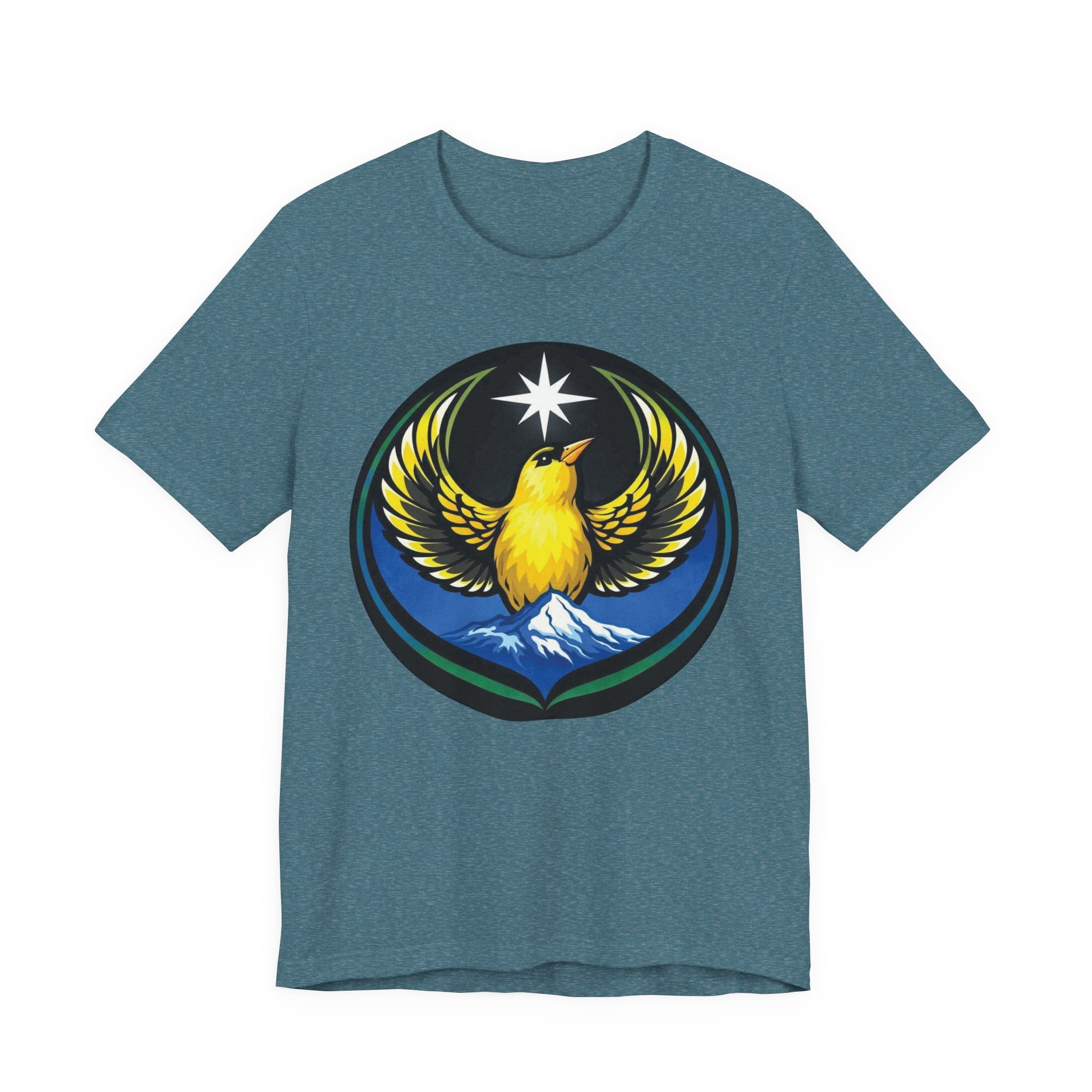 Willow Goldfinch Washington State Bird Tee — Unity & Resilience Emblem