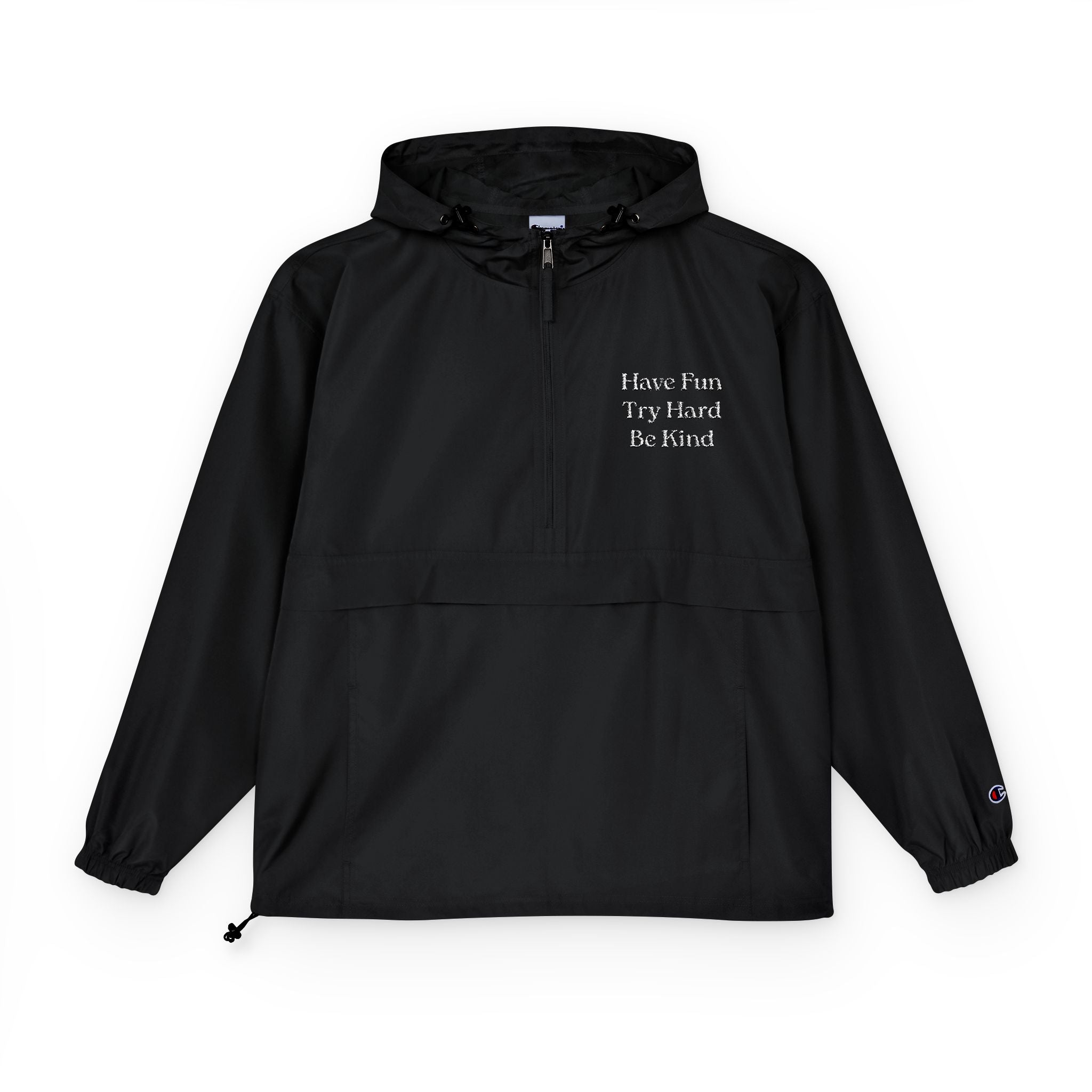 Packable Anorak Jacket — Minimal Black Windbreaker with Subtle Chest Graphic