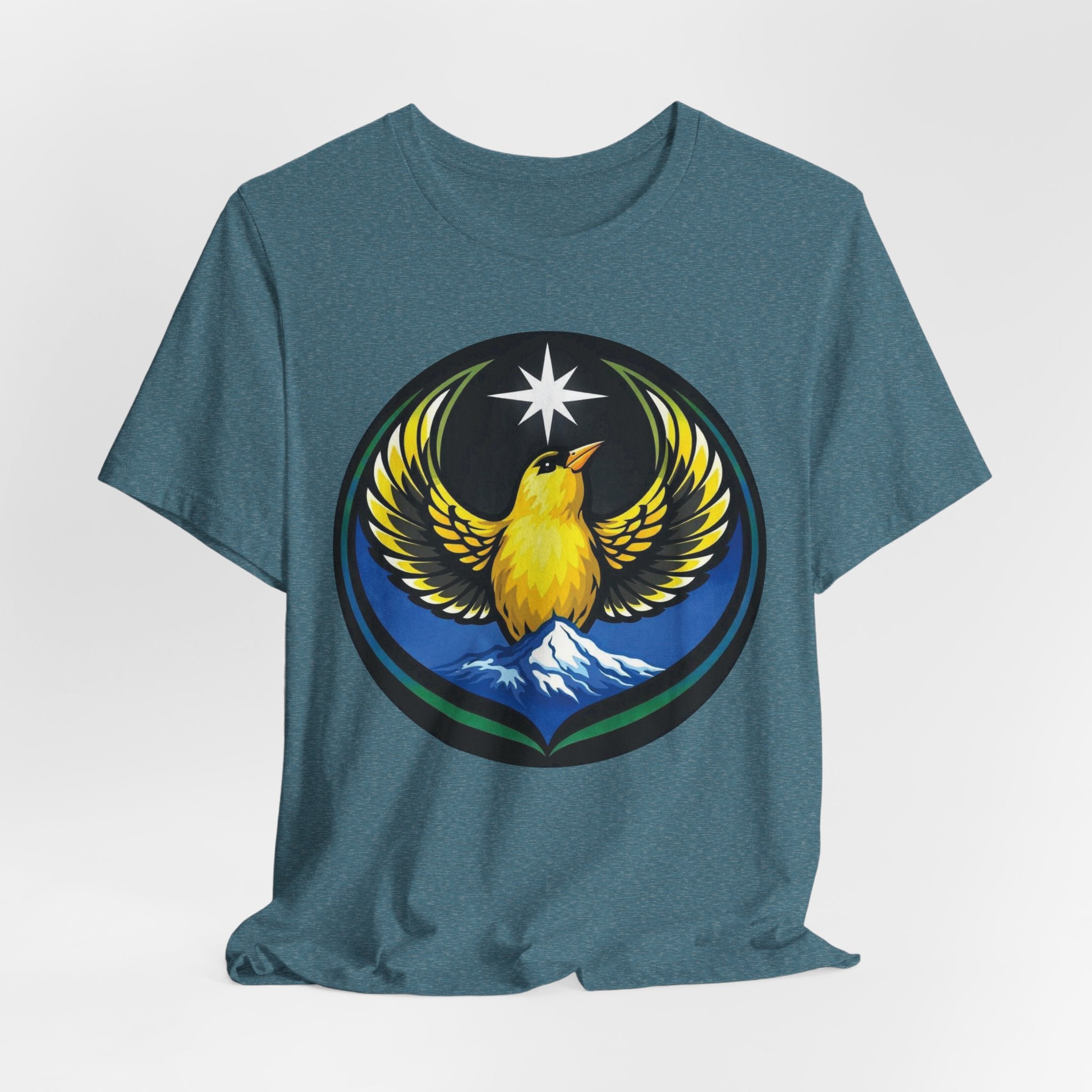 Willow Goldfinch Washington State Bird Tee — Unity & Resilience Emblem
