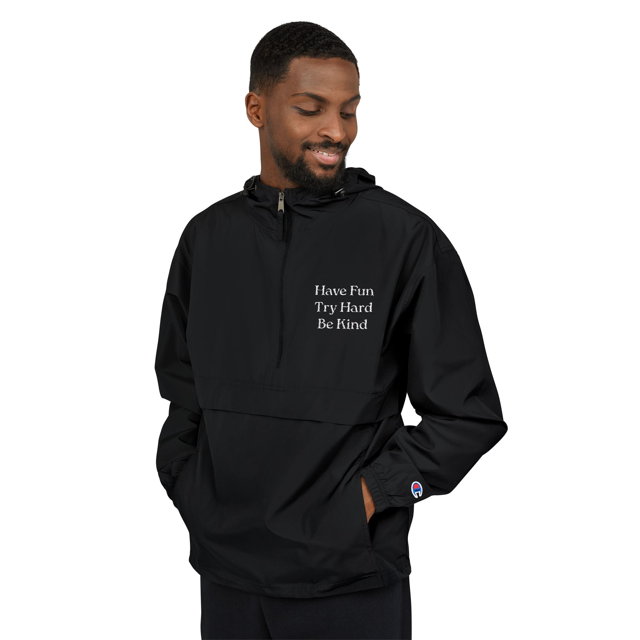 Packable Anorak Jacket — Minimal Black Windbreaker with Subtle Chest Graphic