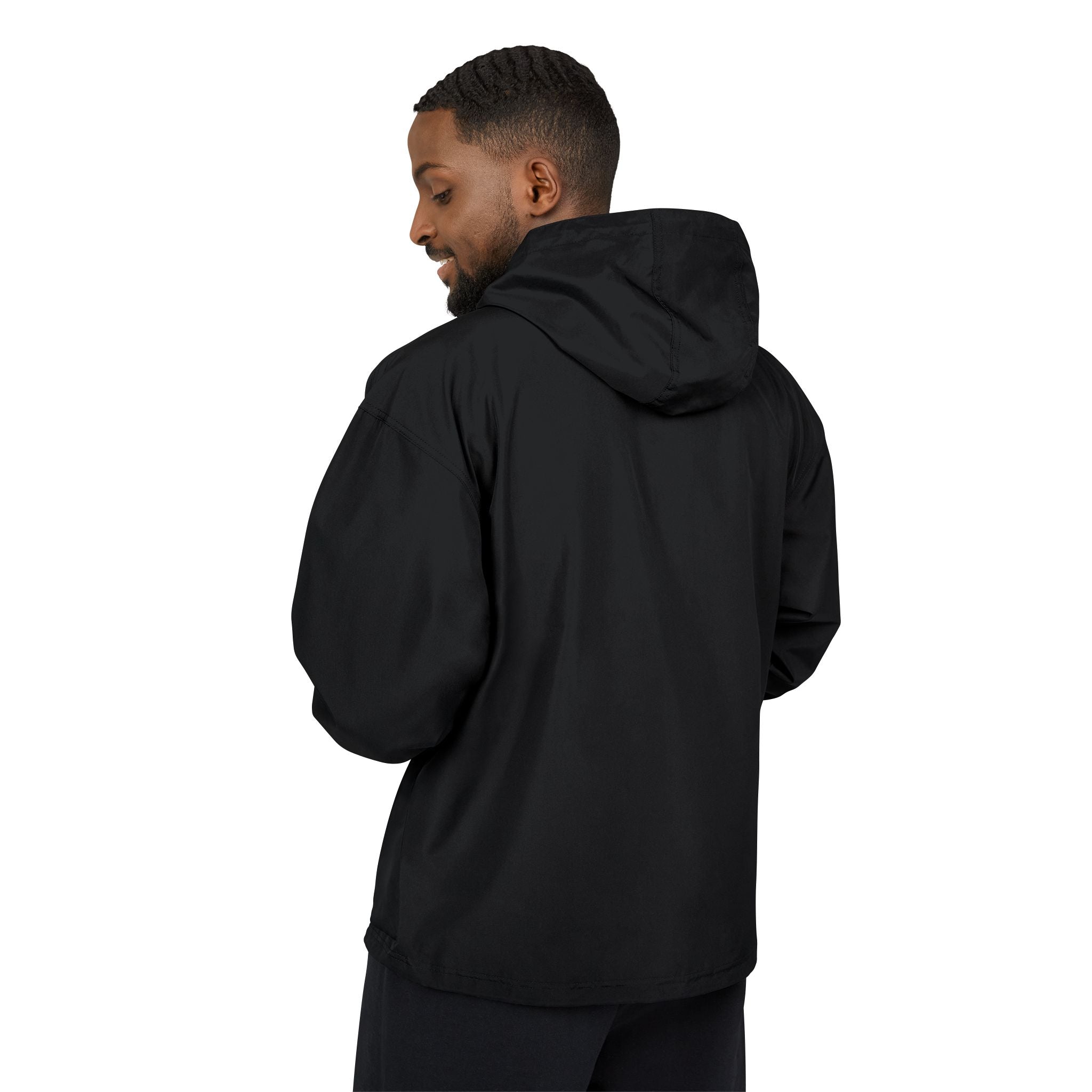 Packable Anorak Jacket — Minimal Black Windbreaker with Subtle Chest Graphic