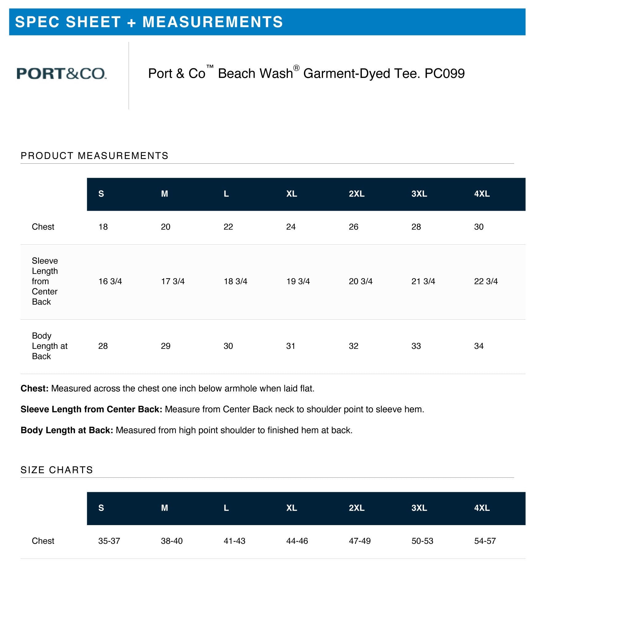 Port & Co. garment-dyed tee measurement chart on a white background